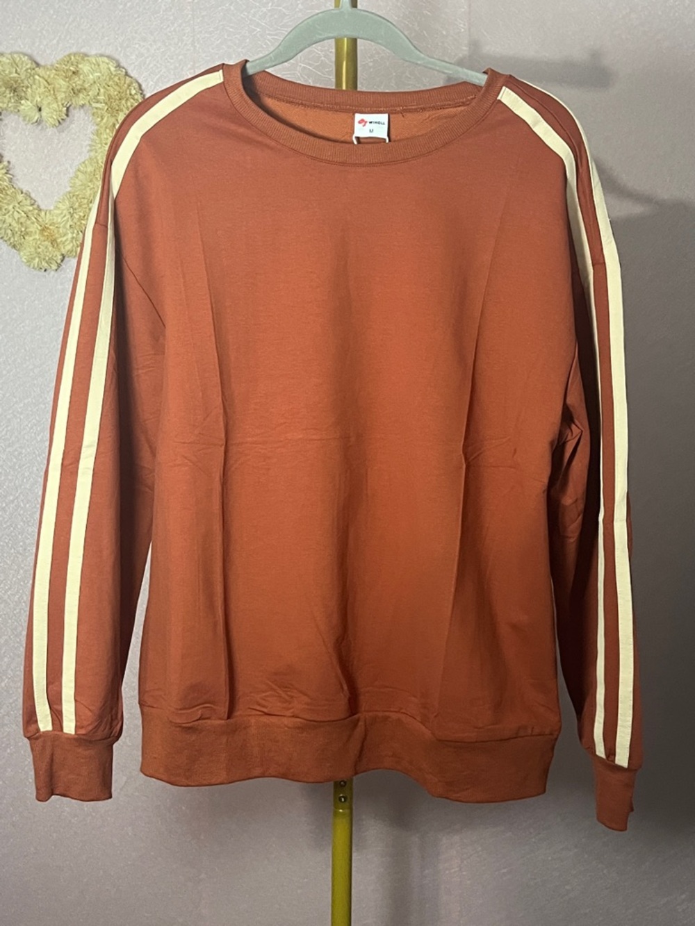 Women's Rust Crewneck Sweatshirt with Cream Sleeve Stripes